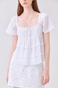 Evelina Textured Ruffles Ribbon Top In White