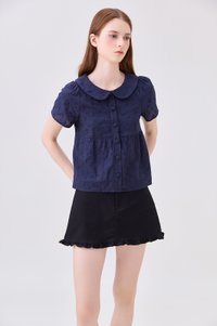 Solene Embroidered Peterpan Collar Top In Navy
