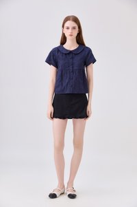 Solene Embroidered Peterpan Collar Top In Navy