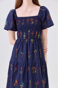 Aven Embroidered Floral Midi Dress In Navy
