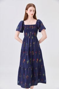 Aven Embroidered Floral Midi Dress In Navy