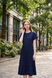 Teresa Pressed Pleat Midi Dress In Navy