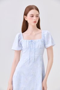Soraya Ruched Floral Midi Dress In Soft Blue