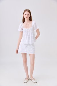 Evelina Textured Ruffles Ribbon Top In White