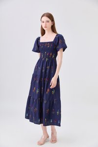 Aven Embroidered Floral Midi Dress In Navy