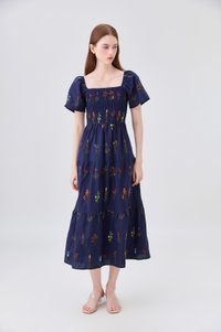 Aven Embroidered Floral Midi Dress In Navy