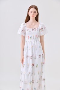 Aven Embroidered Floral Midi Dress In White