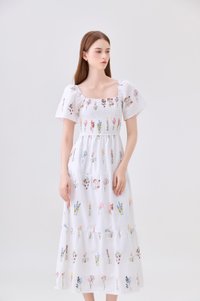 Aven Embroidered Floral Midi Dress In White