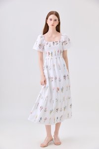 Aven Embroidered Floral Midi Dress In White