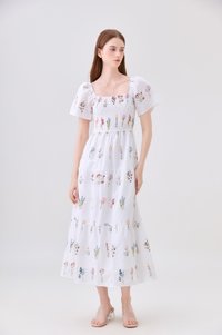 Aven Embroidered Floral Midi Dress In White