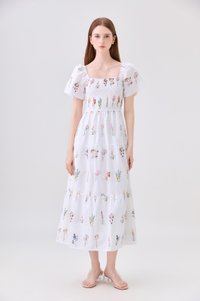 Aven Embroidered Floral Midi Dress In White