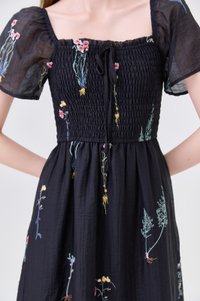Fiora Embroidered Smocked Dress In Black