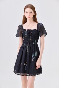 Fiora Embroidered Smocked Dress In Black