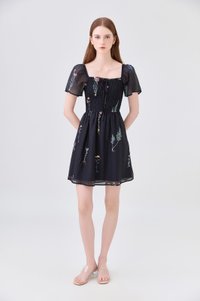 Fiora Embroidered Smocked Dress In Black