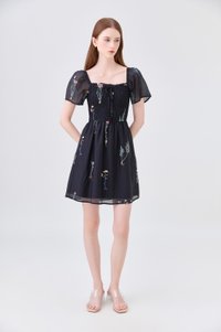 Fiora Embroidered Smocked Dress In Black