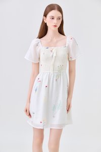 Fiora Embroidered Smocked Dress In Cream