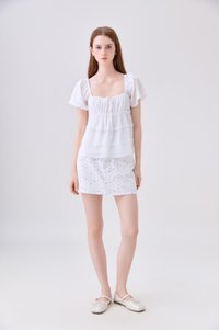 Evelina Textured Ruffles Ribbon Top In White