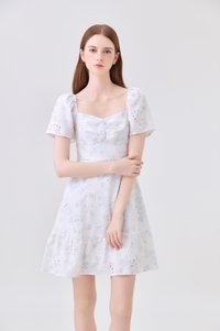 Rayne Eyelet Sweetheart Ruched Dress In Blue