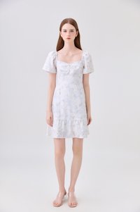 Rayne Eyelet Sweetheart Ruched Dress In Blue
