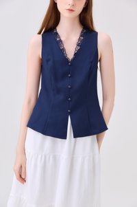 Lydia Lace Button Top In Navy