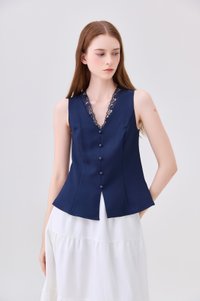 Lydia Lace Button Top In Navy