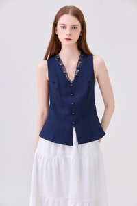 Lydia Lace Button Top In Navy