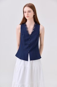 Lydia Lace Button Top In Navy