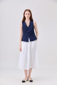Lydia Lace Button Top In Navy