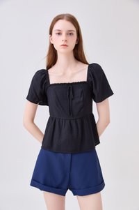 Zaya Textured Ribbon Babydoll Top In Black