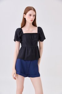 Zaya Textured Ribbon Babydoll Top In Black