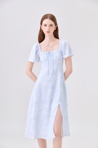 Soraya Ruched Floral Midi Dress In Soft Blue