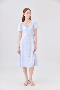 Soraya Ruched Floral Midi Dress In Soft Blue