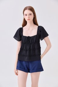 Evelina Textured Ruffles Ribbon Top In Black