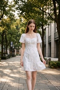 Rayne Eyelet Sweetheart Ruched Dress In Blue