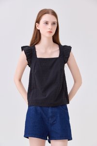 Delaney Swiss Dot Ruffles Top In Black