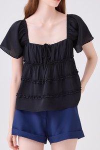 Evelina Textured Ruffles Ribbon Top In Black