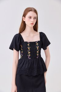 Rosalie Embroidered Eyelet Babydoll Top In Black