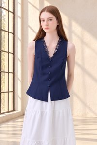 Lydia Lace Button Top In Navy