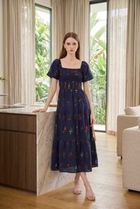 Aven Embroidered Floral Midi Dress In Navy