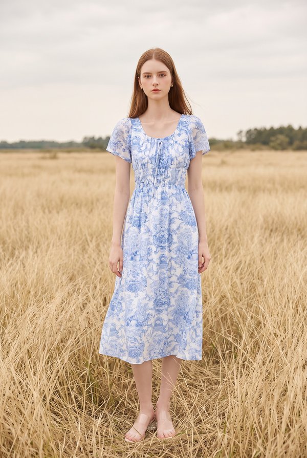 Arisbeth Toile Smocked Waist Ribbon Midi Dress