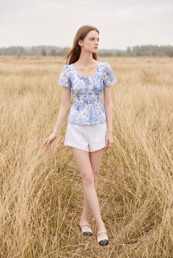 Arisbeth Toile Smocked Waist Ribbon Top