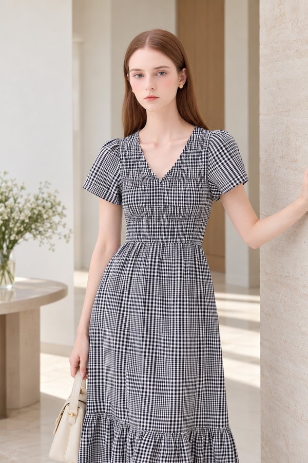 Brynlee Smocked Gingham Midi Dress In Black