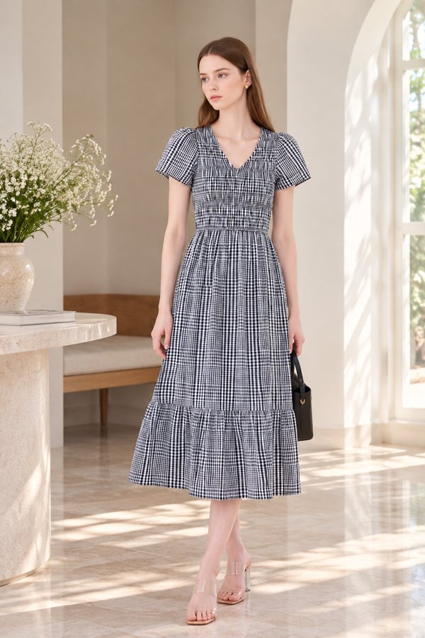 Brynlee Smocked Gingham Midi Dress In Black