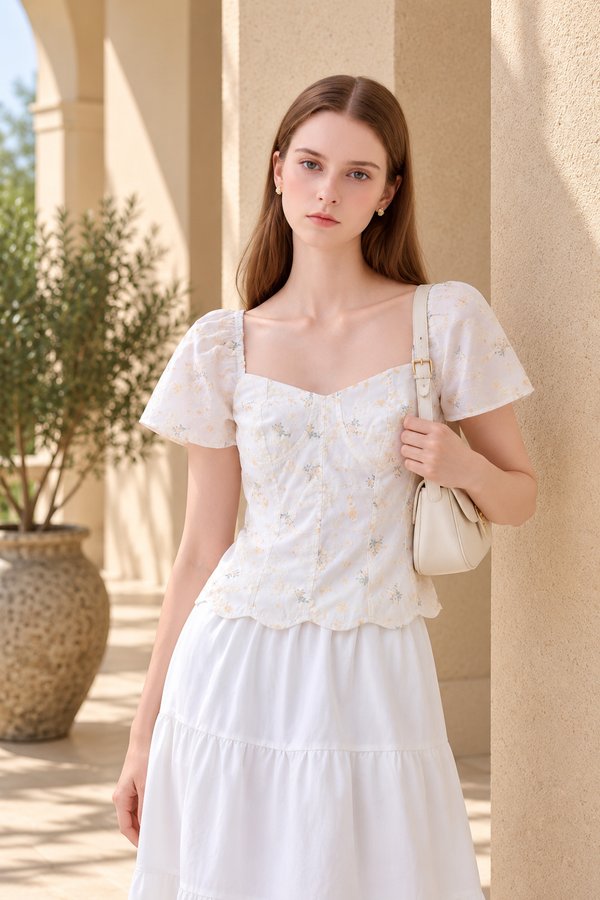 Milani Embroidery Panelled Floral Top In Cream