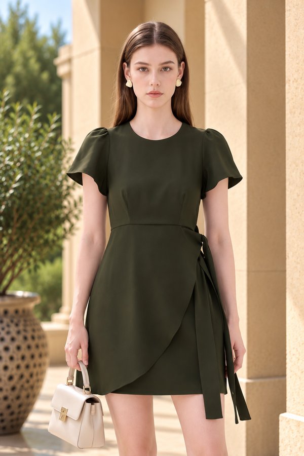 Alessia Faux Wrap Ribbon Dress In Olive