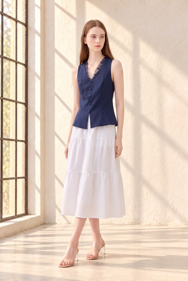 Lydia Lace Button Top In Navy