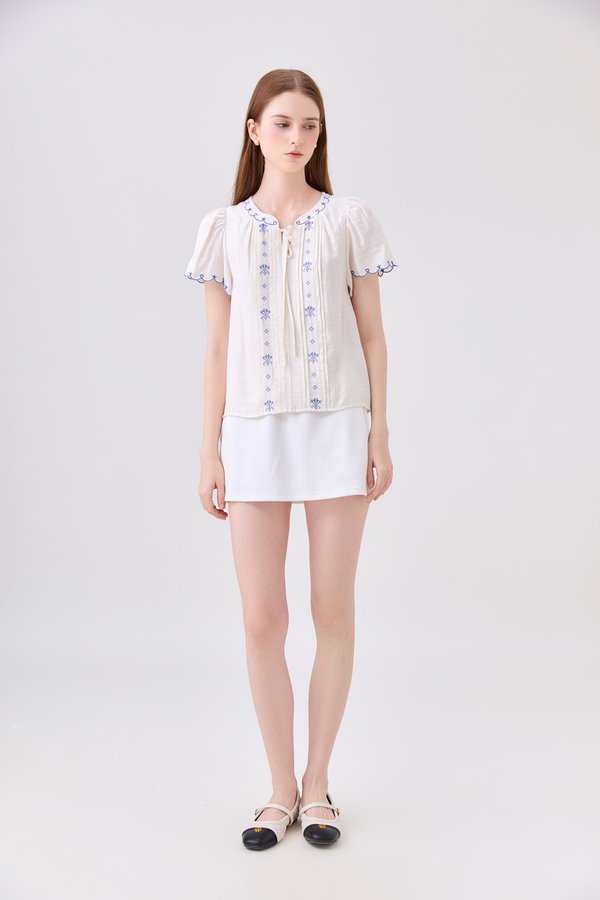 Bailey Embroidered Pintuck Ribbon Top In Off-White