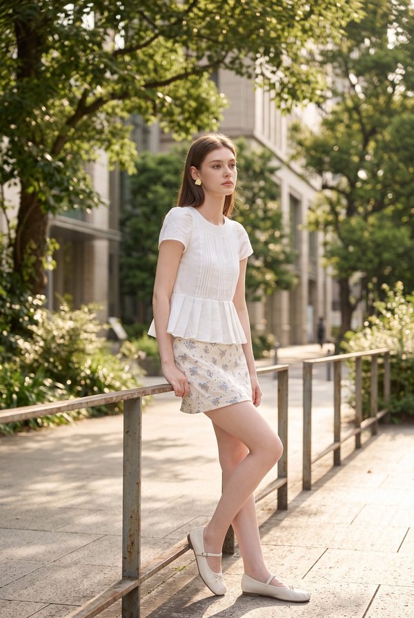 Ainara Pintuck Pleated Peplum Top In White