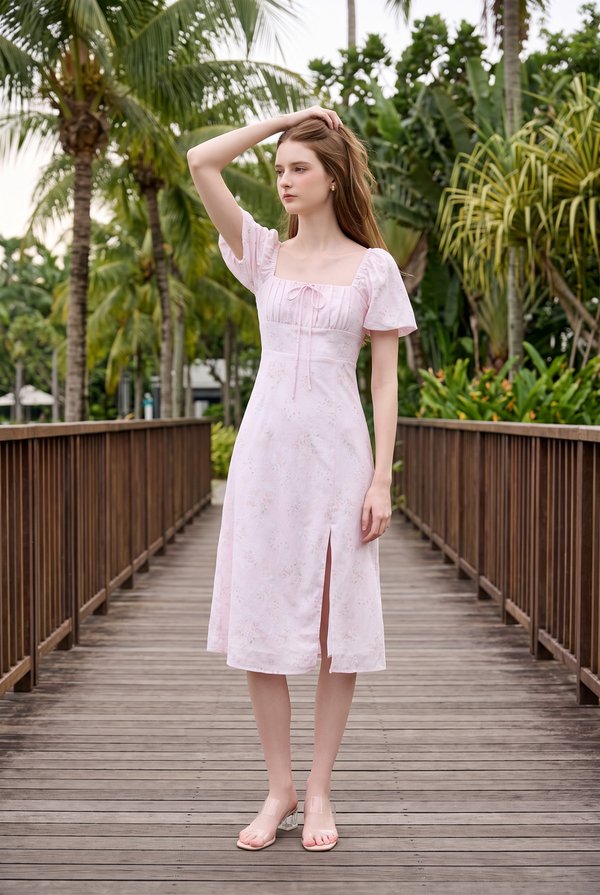 Soraya Ruched Floral Midi Dress In Pink