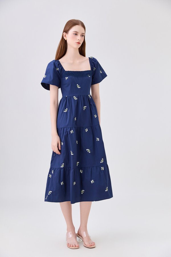 *ONLINE EXCLUSIVE* Elaina Embroidery Floral Crochet Midi Dress In Navy